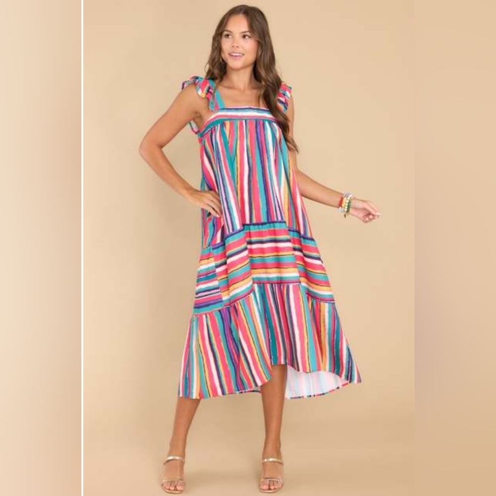 Here we are are teal multi stripe midi dress